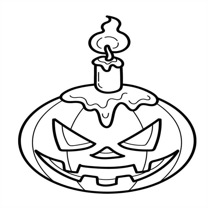 Black and white line drawing of a Halloween-themed cake with a candle inside a jack-o'-lantern face.