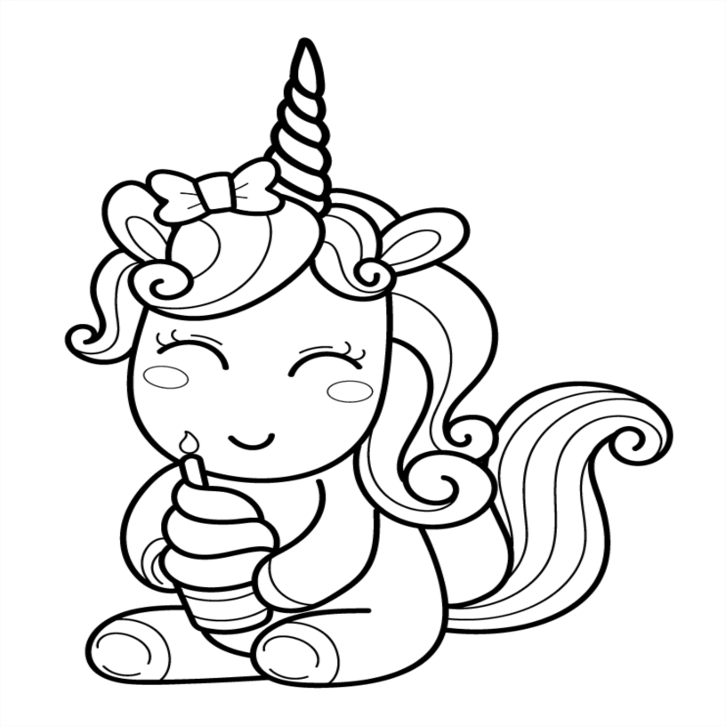Black and white line drawing of a cartoon unicorn with an ice ream cone
